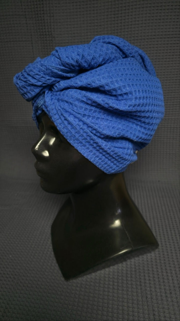 Plaukų rankšluostis Turbanas su sagomis, vafliniu pynimu / rugiagėlių mėlyna