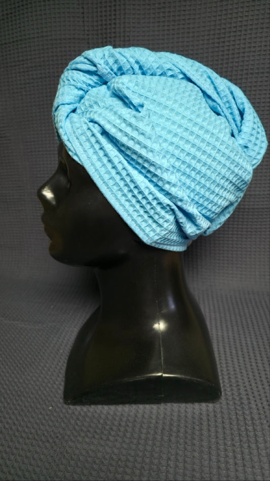 Полотенце для волос, тюрбан с пуговицами, вафельное / светло-голубой