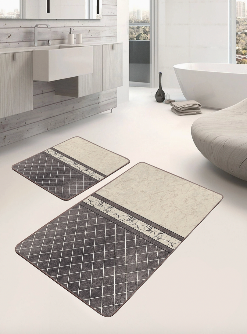 Cream Marble Geometric Anti-Slip 2-Piece Bath Mat Set