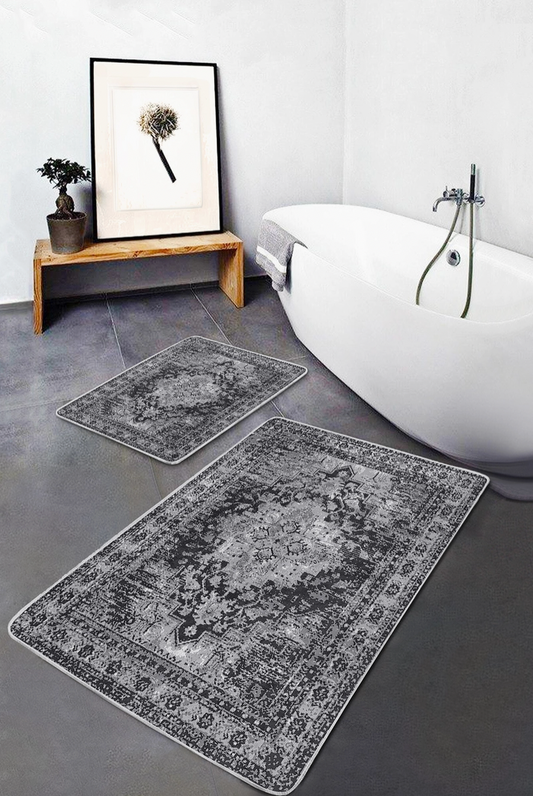 Набор из 2 ковриков для ванной комнаты в стиле бохо-винтаж, серый.