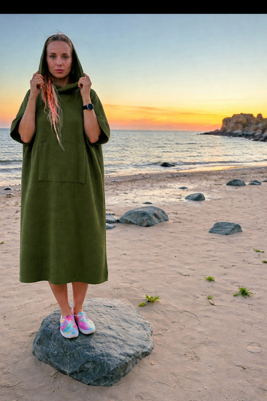 Короткое пончо из вафельной ткани - унисекс / зелёный