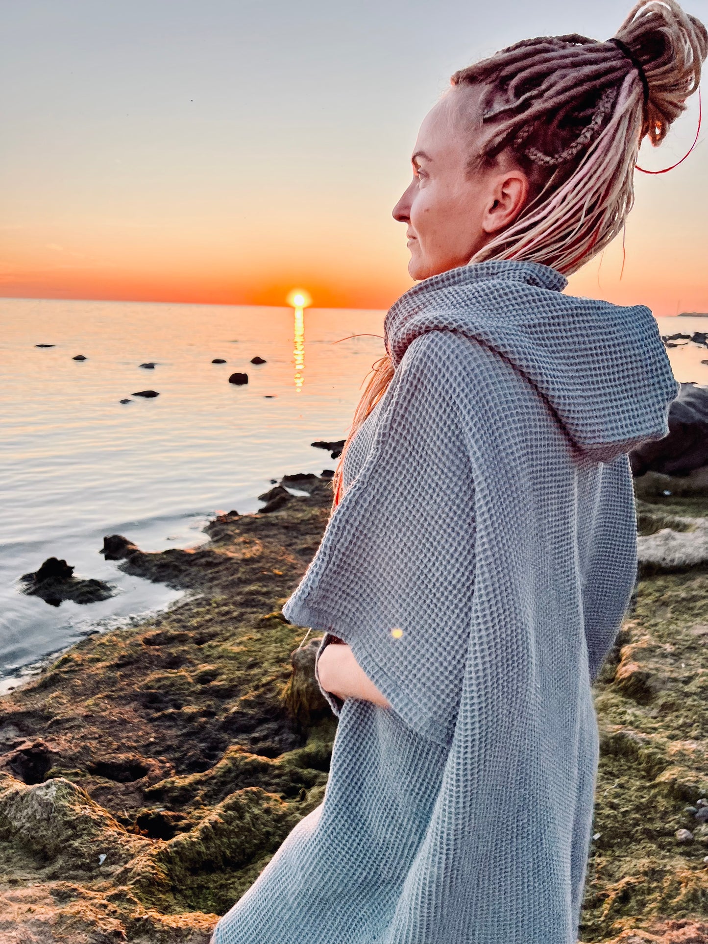 Пончо из вафельной ткани длинное - унисекс / серый