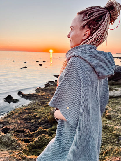 Пончо из вафельной ткани длинное - унисекс / серый