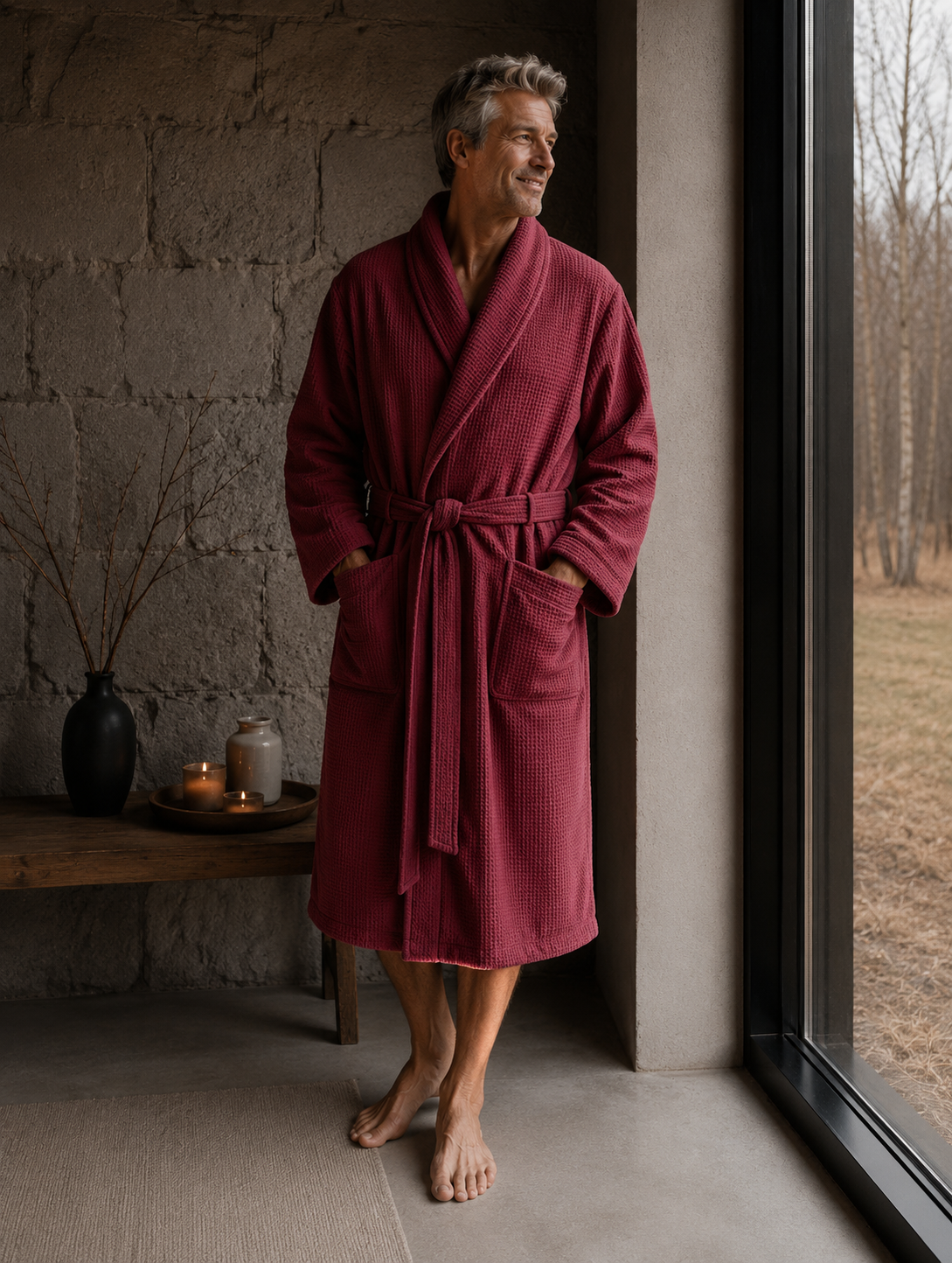 Waffle Fabric Bathrobe / DEEP RED