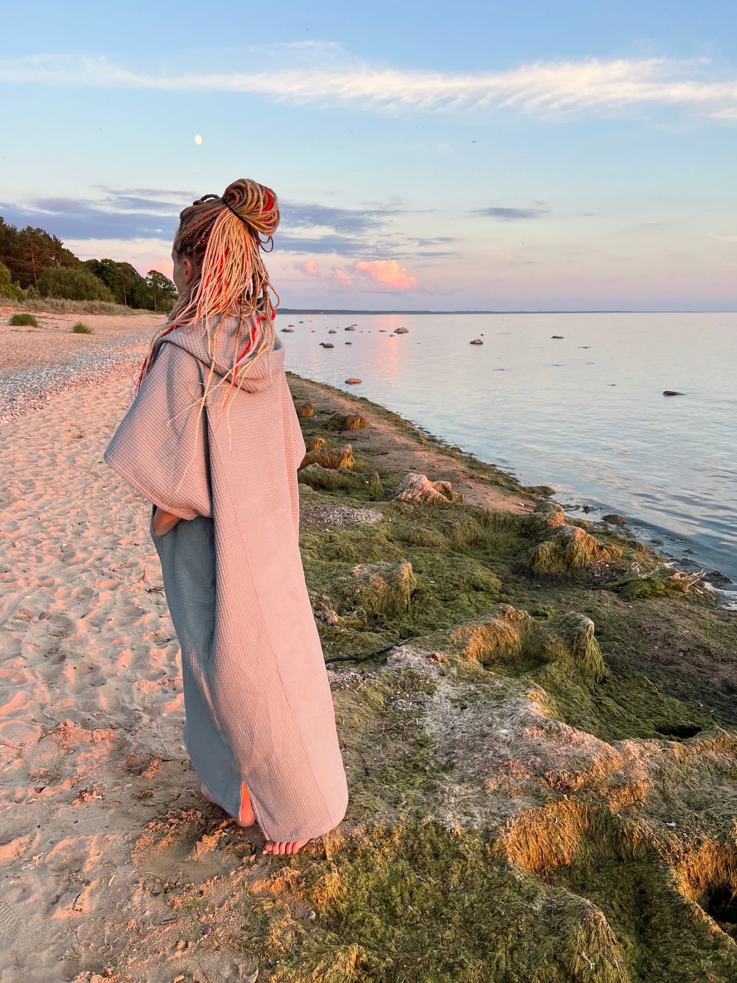 Пончо из вафельной ткани длинное - унисекс / серый