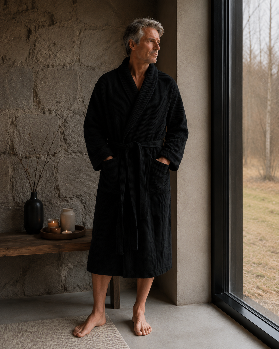 Waffle Fabric Bathrobe / BLACK