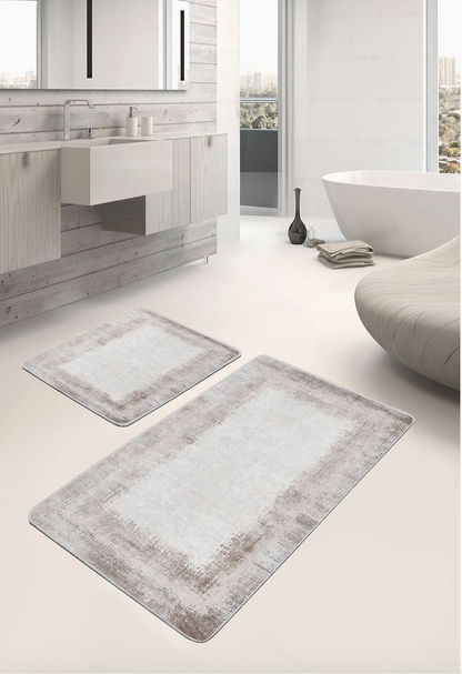 Minimalist Beige Edged Washable Bathroom 2 Pieces Mat Set