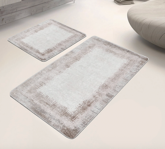 Minimalist Beige Edged Washable Bathroom 2 Pieces Mat Set