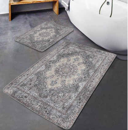 Elegant Beige Ornate Floral Design 2 Piece Bath Mat Set