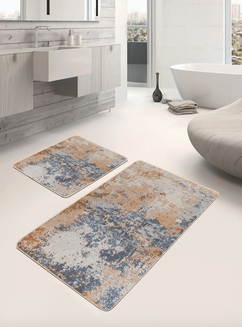 Blue Beige Rustic Look Mat 2 Pieces Bath Mat Set