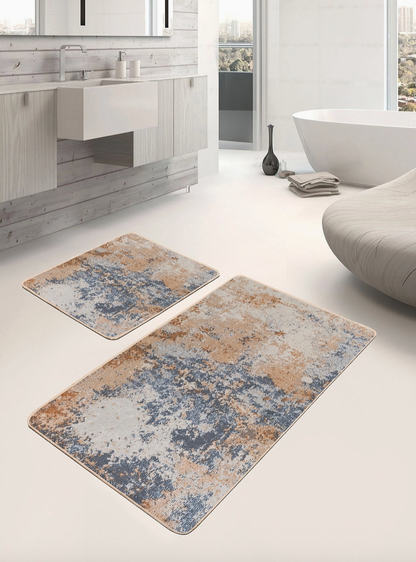 Blue Beige Rustic Look Mat 2 Pieces Bath Mat Set
