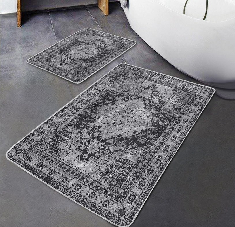 Grey Boho Vintage Look Bathroom Mat Set-2 Piece Bath Mat Set