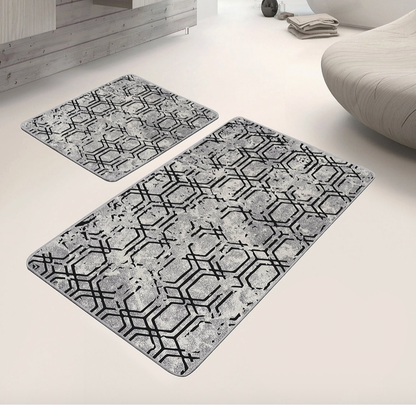 Hexagon Motif Gray Bath Mat Set-Washable Bathroom Rug