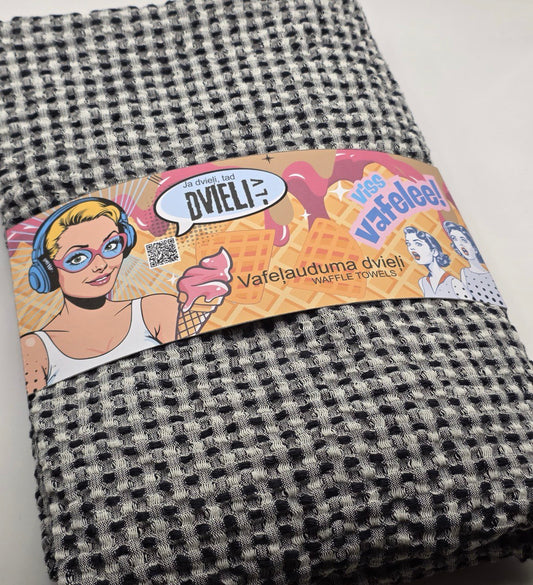 Льняное вафельное полотенце / ЧЕРНО-БЕЛОЕ