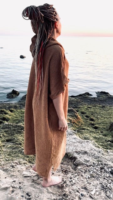 Pončo vafeļauduma garais - unisex / brūns