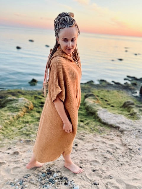 Пончо из вафельной ткани длинное - унисекс / коричневый