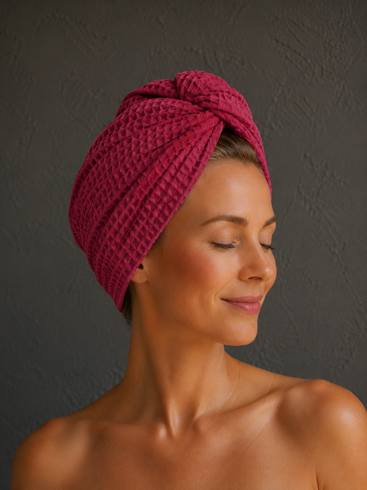 Plaukų rankšluostis Turbanas su sagomis, vafliniu pynimu / bordo