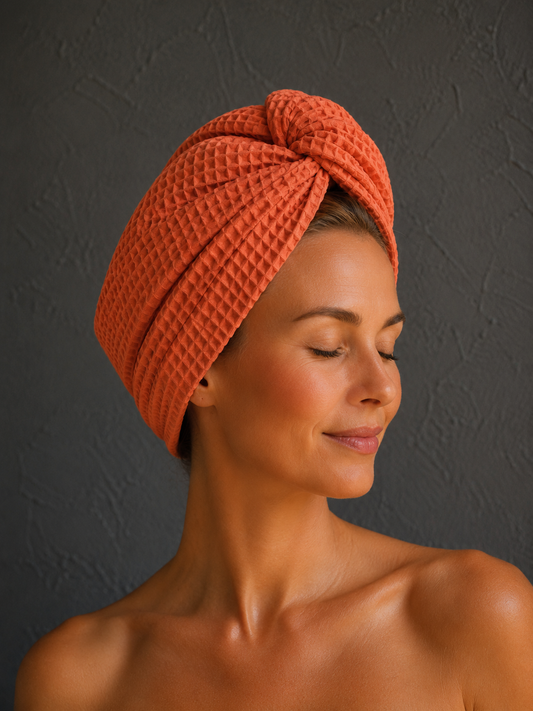 Plaukų rankšluostis Turbanas su sagomis, vafliniu pynimu / plytų raudonumo