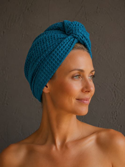 Plaukų rankšluostis Turbanas su sagomis, vafliniu pynimu / žibalo mėlynasis