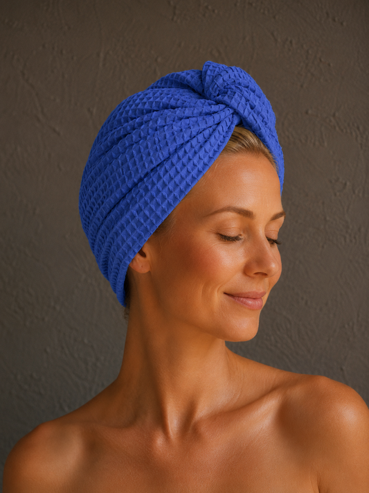 Plaukų rankšluostis Turbanas su sagomis, vafliniu pynimu / rugiagėlių mėlyna