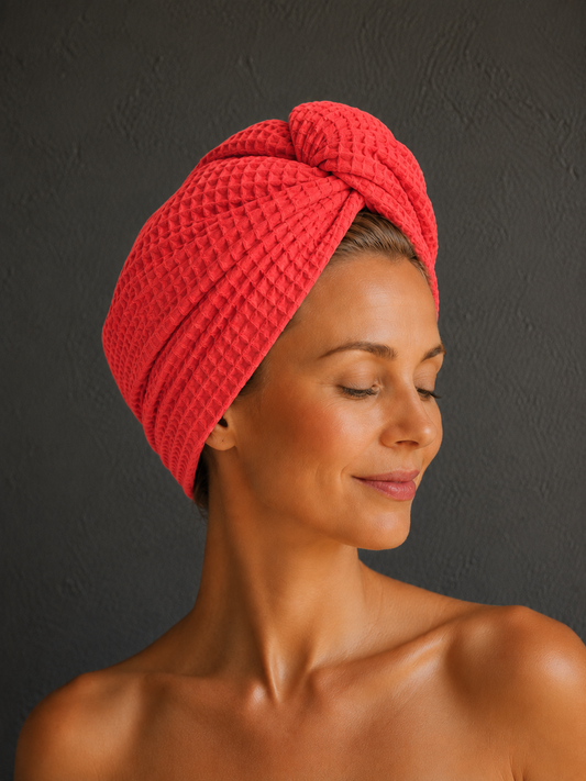 Plaukų rankšluostis Turbanas su sagomis, vafliniu pynimu / raudona