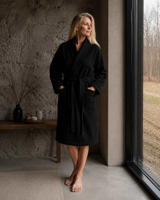 Waffle Fabric Bathrobe / BLACK