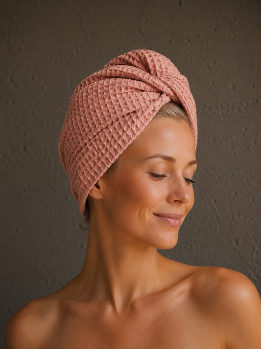 Plaukų rankšluostis Turbanas su sagomis, vafliniu pynimu / sena rožinė